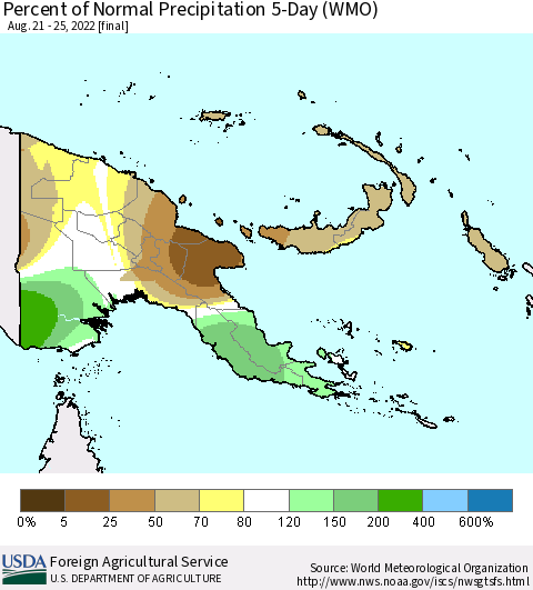 Papua New Guinea Percent of Normal Precipitation 5-Day (WMO) Thematic Map For 8/21/2022 - 8/25/2022