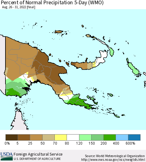 Papua New Guinea Percent of Normal Precipitation 5-Day (WMO) Thematic Map For 8/26/2022 - 8/31/2022