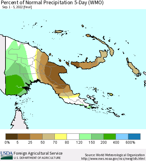 Papua New Guinea Percent of Normal Precipitation 5-Day (WMO) Thematic Map For 9/1/2022 - 9/5/2022