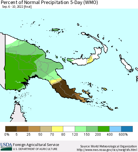Papua New Guinea Percent of Normal Precipitation 5-Day (WMO) Thematic Map For 9/6/2022 - 9/10/2022