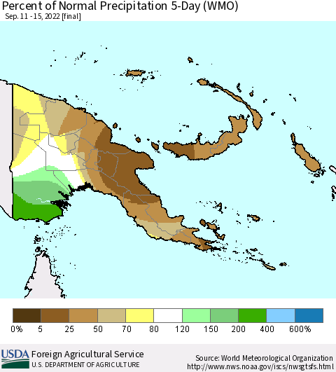 Papua New Guinea Percent of Normal Precipitation 5-Day (WMO) Thematic Map For 9/11/2022 - 9/15/2022