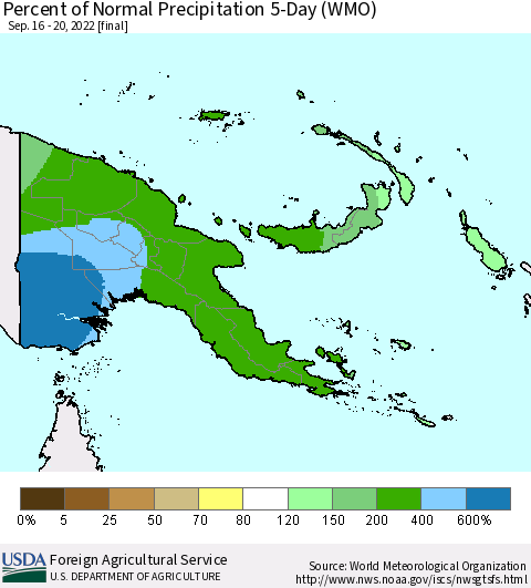 Papua New Guinea Percent of Normal Precipitation 5-Day (WMO) Thematic Map For 9/16/2022 - 9/20/2022