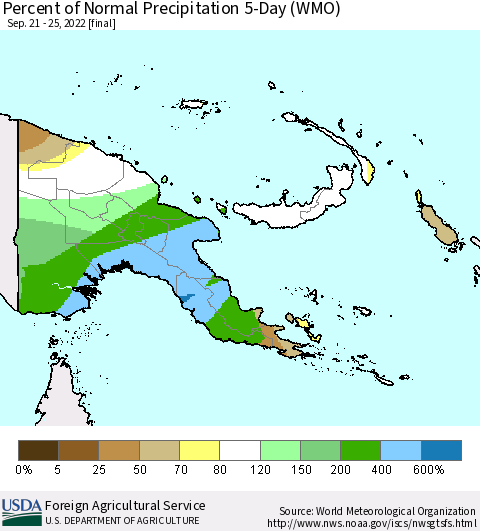 Papua New Guinea Percent of Normal Precipitation 5-Day (WMO) Thematic Map For 9/21/2022 - 9/25/2022