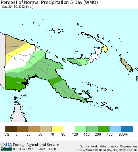 Papua New Guinea Percent of Normal Precipitation 5-Day (WMO) Thematic Map For 9/26/2022 - 9/30/2022