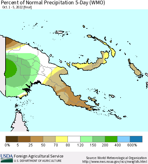 Papua New Guinea Percent of Normal Precipitation 5-Day (WMO) Thematic Map For 10/1/2022 - 10/5/2022