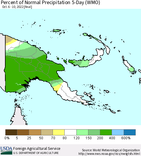 Papua New Guinea Percent of Normal Precipitation 5-Day (WMO) Thematic Map For 10/6/2022 - 10/10/2022