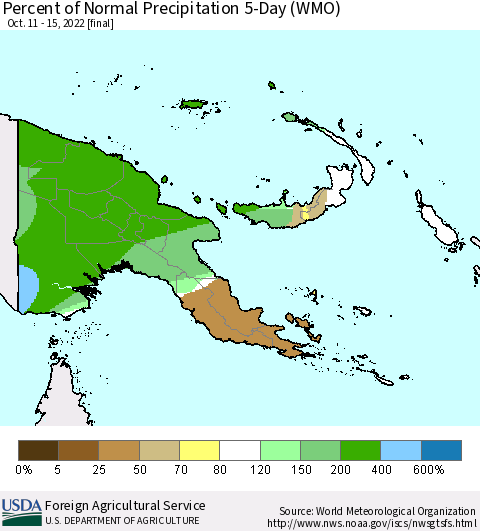 Papua New Guinea Percent of Normal Precipitation 5-Day (WMO) Thematic Map For 10/11/2022 - 10/15/2022