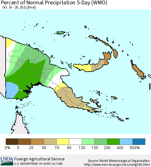 Papua New Guinea Percent of Normal Precipitation 5-Day (WMO) Thematic Map For 10/16/2022 - 10/20/2022