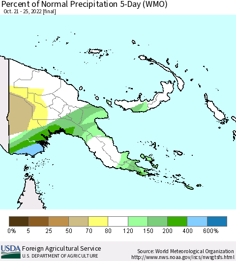 Papua New Guinea Percent of Normal Precipitation 5-Day (WMO) Thematic Map For 10/21/2022 - 10/25/2022