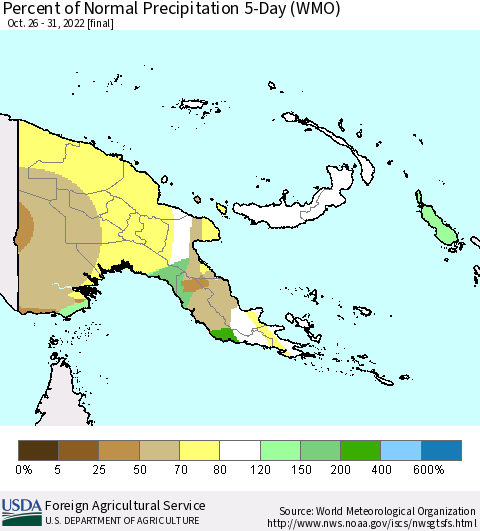 Papua New Guinea Percent of Normal Precipitation 5-Day (WMO) Thematic Map For 10/26/2022 - 10/31/2022