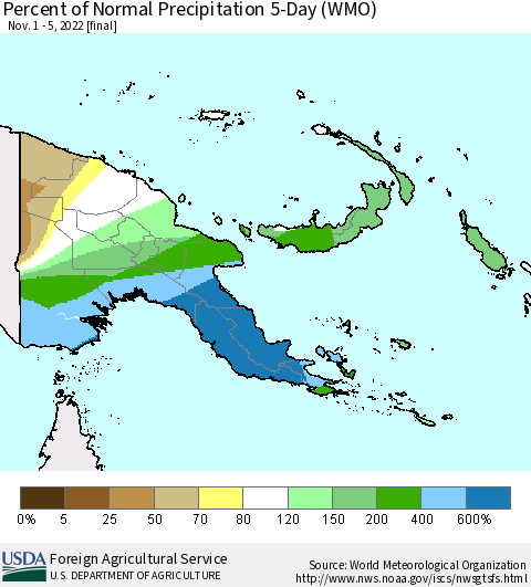 Papua New Guinea Percent of Normal Precipitation 5-Day (WMO) Thematic Map For 11/1/2022 - 11/5/2022