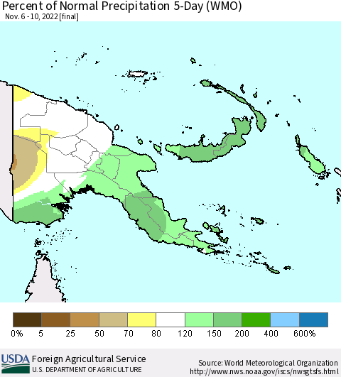 Papua New Guinea Percent of Normal Precipitation 5-Day (WMO) Thematic Map For 11/6/2022 - 11/10/2022