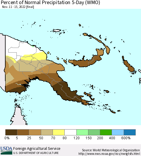 Papua New Guinea Percent of Normal Precipitation 5-Day (WMO) Thematic Map For 11/11/2022 - 11/15/2022