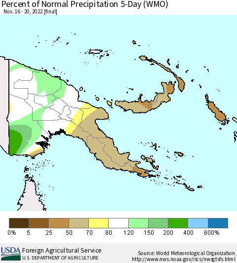 Papua New Guinea Percent of Normal Precipitation 5-Day (WMO) Thematic Map For 11/16/2022 - 11/20/2022