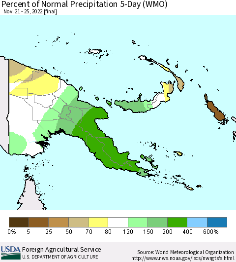 Papua New Guinea Percent of Normal Precipitation 5-Day (WMO) Thematic Map For 11/21/2022 - 11/25/2022