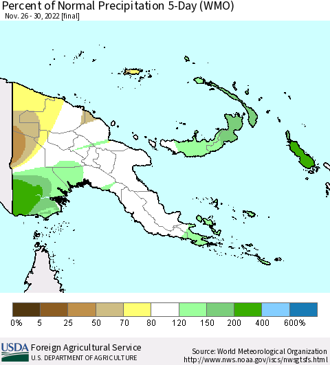 Papua New Guinea Percent of Normal Precipitation 5-Day (WMO) Thematic Map For 11/26/2022 - 11/30/2022