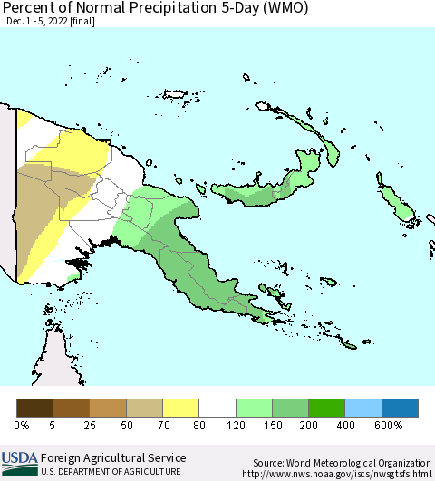 Papua New Guinea Percent of Normal Precipitation 5-Day (WMO) Thematic Map For 12/1/2022 - 12/5/2022
