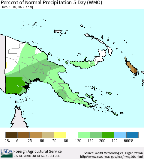 Papua New Guinea Percent of Normal Precipitation 5-Day (WMO) Thematic Map For 12/6/2022 - 12/10/2022