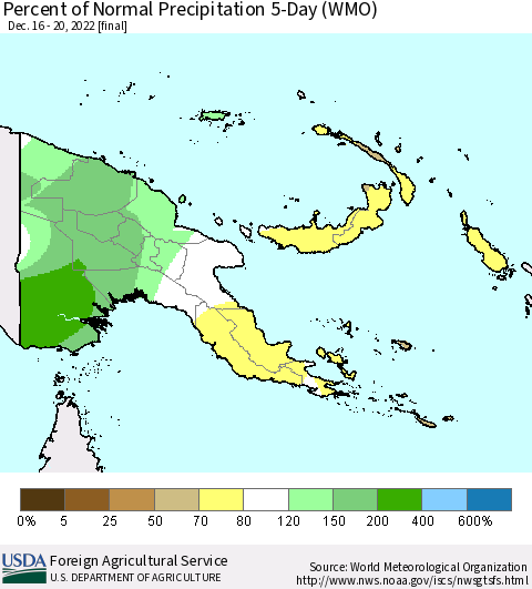 Papua New Guinea Percent of Normal Precipitation 5-Day (WMO) Thematic Map For 12/16/2022 - 12/20/2022