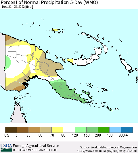 Papua New Guinea Percent of Normal Precipitation 5-Day (WMO) Thematic Map For 12/21/2022 - 12/25/2022