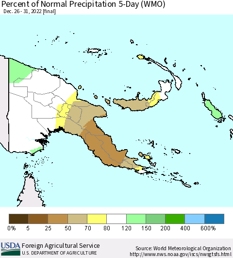Papua New Guinea Percent of Normal Precipitation 5-Day (WMO) Thematic Map For 12/26/2022 - 12/31/2022