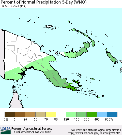 Papua New Guinea Percent of Normal Precipitation 5-Day (WMO) Thematic Map For 1/1/2023 - 1/5/2023
