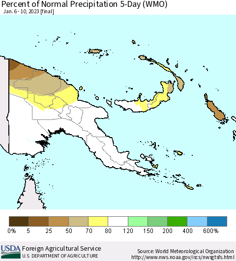 Papua New Guinea Percent of Normal Precipitation 5-Day (WMO) Thematic Map For 1/6/2023 - 1/10/2023