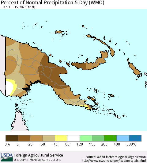 Papua New Guinea Percent of Normal Precipitation 5-Day (WMO) Thematic Map For 1/11/2023 - 1/15/2023