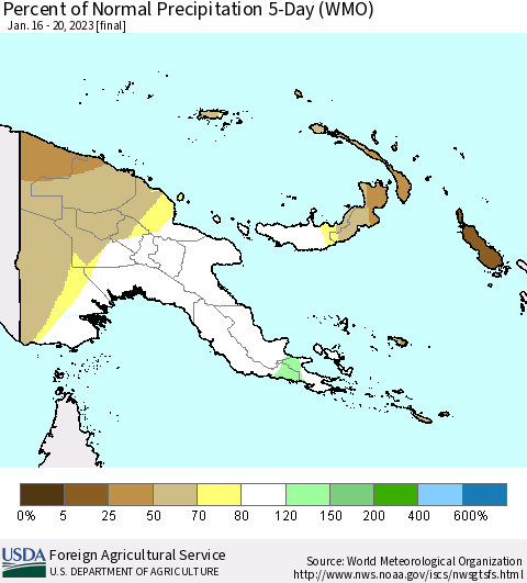 Papua New Guinea Percent of Normal Precipitation 5-Day (WMO) Thematic Map For 1/16/2023 - 1/20/2023
