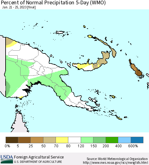 Papua New Guinea Percent of Normal Precipitation 5-Day (WMO) Thematic Map For 1/21/2023 - 1/25/2023
