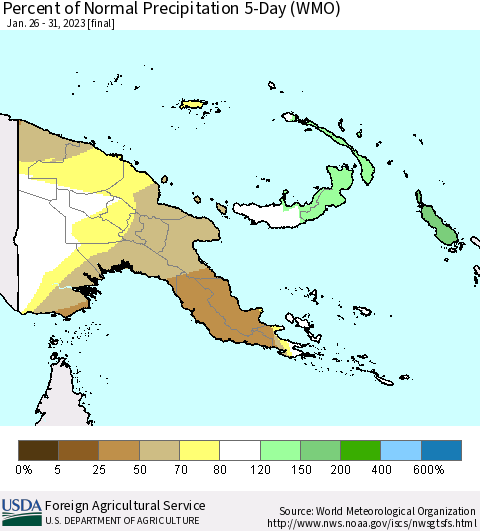 Papua New Guinea Percent of Normal Precipitation 5-Day (WMO) Thematic Map For 1/26/2023 - 1/31/2023