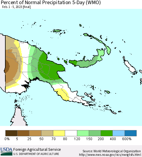 Papua New Guinea Percent of Normal Precipitation 5-Day (WMO) Thematic Map For 2/1/2023 - 2/5/2023