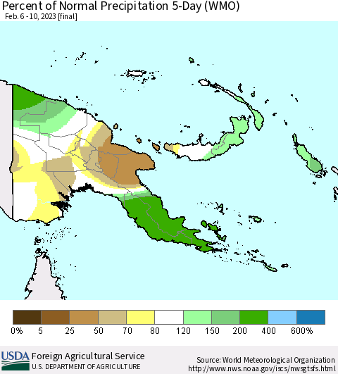 Papua New Guinea Percent of Normal Precipitation 5-Day (WMO) Thematic Map For 2/6/2023 - 2/10/2023