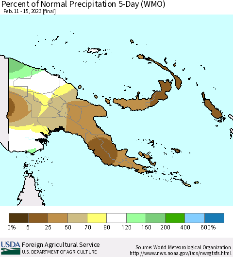 Papua New Guinea Percent of Normal Precipitation 5-Day (WMO) Thematic Map For 2/11/2023 - 2/15/2023