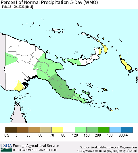 Papua New Guinea Percent of Normal Precipitation 5-Day (WMO) Thematic Map For 2/16/2023 - 2/20/2023