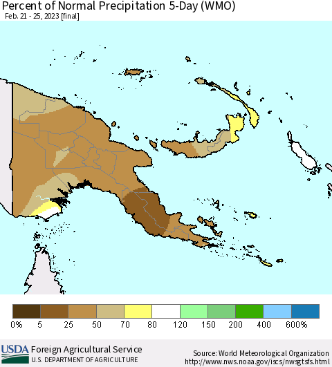 Papua New Guinea Percent of Normal Precipitation 5-Day (WMO) Thematic Map For 2/21/2023 - 2/25/2023