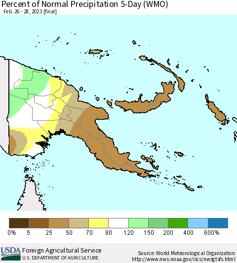 Papua New Guinea Percent of Normal Precipitation 5-Day (WMO) Thematic Map For 2/26/2023 - 2/28/2023