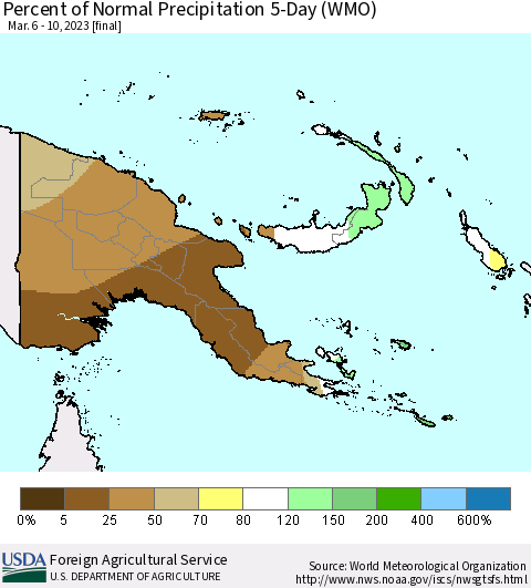 Papua New Guinea Percent of Normal Precipitation 5-Day (WMO) Thematic Map For 3/6/2023 - 3/10/2023