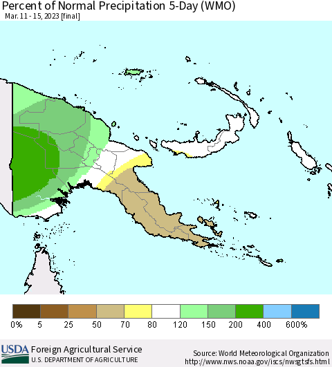 Papua New Guinea Percent of Normal Precipitation 5-Day (WMO) Thematic Map For 3/11/2023 - 3/15/2023