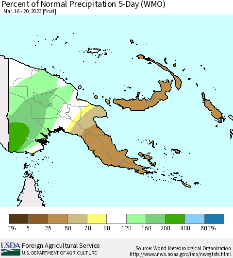 Papua New Guinea Percent of Normal Precipitation 5-Day (WMO) Thematic Map For 3/16/2023 - 3/20/2023