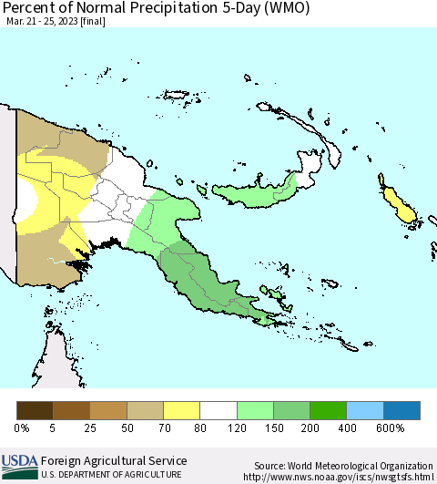Papua New Guinea Percent of Normal Precipitation 5-Day (WMO) Thematic Map For 3/21/2023 - 3/25/2023