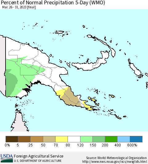 Papua New Guinea Percent of Normal Precipitation 5-Day (WMO) Thematic Map For 3/26/2023 - 3/31/2023