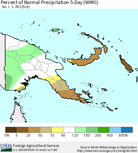 Papua New Guinea Percent of Normal Precipitation 5-Day (WMO) Thematic Map For 4/1/2023 - 4/5/2023