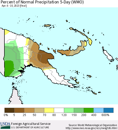 Papua New Guinea Percent of Normal Precipitation 5-Day (WMO) Thematic Map For 4/6/2023 - 4/10/2023