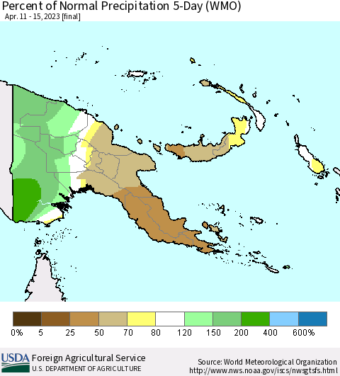 Papua New Guinea Percent of Normal Precipitation 5-Day (WMO) Thematic Map For 4/11/2023 - 4/15/2023