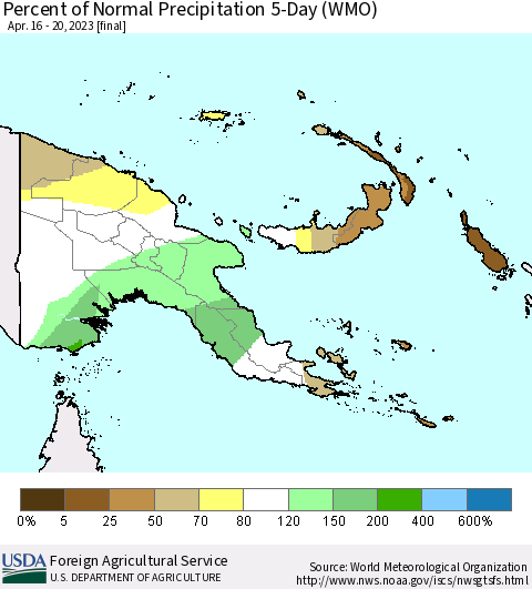Papua New Guinea Percent of Normal Precipitation 5-Day (WMO) Thematic Map For 4/16/2023 - 4/20/2023