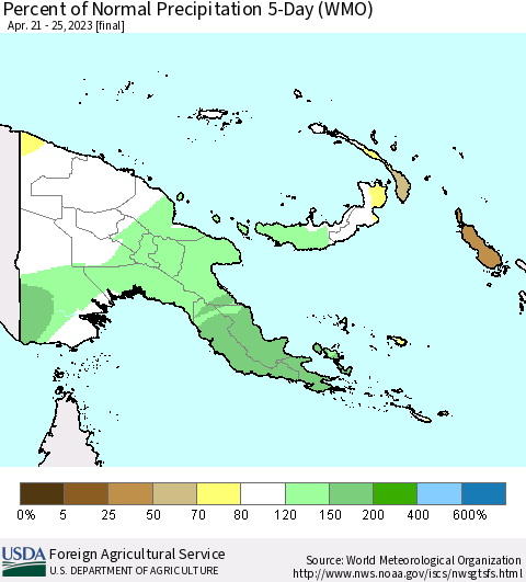 Papua New Guinea Percent of Normal Precipitation 5-Day (WMO) Thematic Map For 4/21/2023 - 4/25/2023