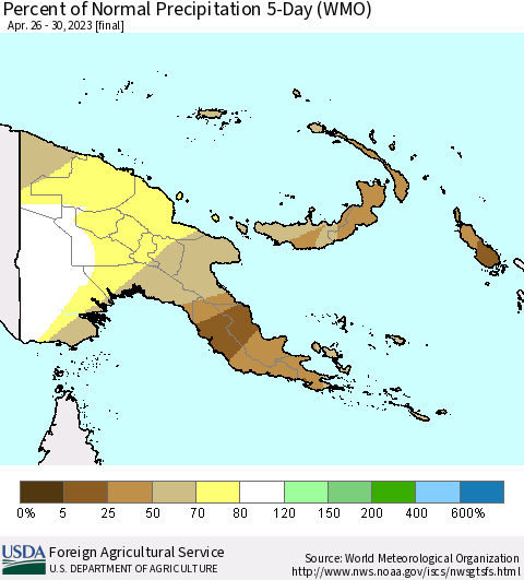 Papua New Guinea Percent of Normal Precipitation 5-Day (WMO) Thematic Map For 4/26/2023 - 4/30/2023
