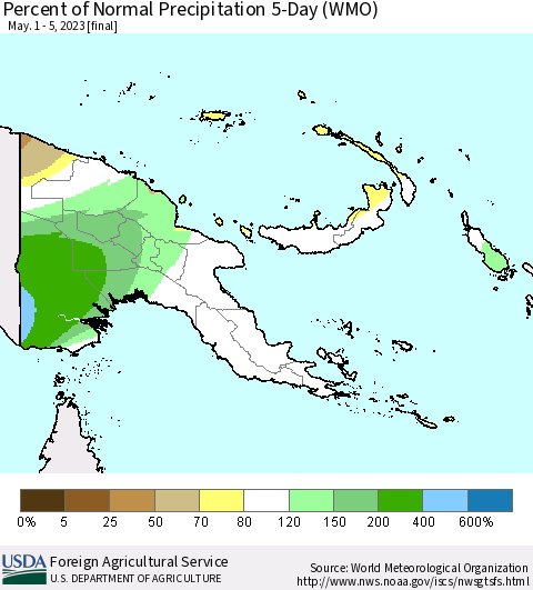 Papua New Guinea Percent of Normal Precipitation 5-Day (WMO) Thematic Map For 5/1/2023 - 5/5/2023
