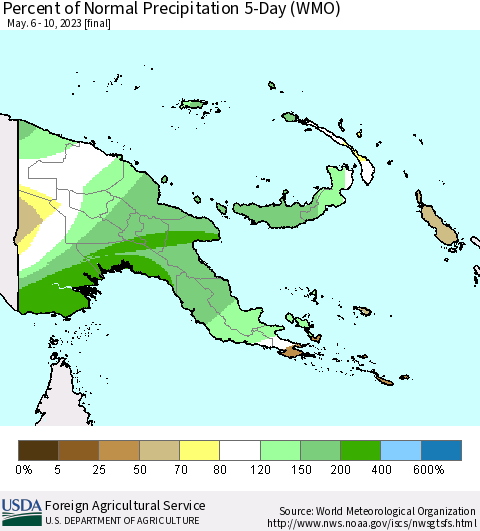 Papua New Guinea Percent of Normal Precipitation 5-Day (WMO) Thematic Map For 5/6/2023 - 5/10/2023
